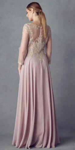 Juliet M12 Quarter Sleeved Embroidered Long A-Line Chiffon Dress(Quarter Sleeved Embroidered Long Formal Dress Mauve) -Dress Promotion Store 0001935 m12