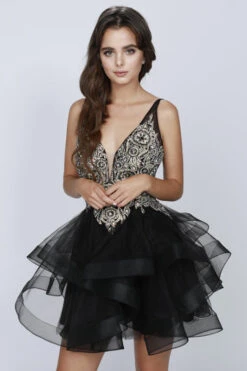 Juliet 823 Plunging V-Neck Ruffled Skirt Short Dress(Black Plunging V Neck Ruffled Skirt Homecoming Short Dress) -Dress Promotion Store 0002461 823