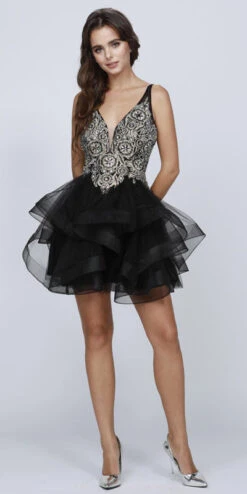 Juliet 823 Plunging V-Neck Ruffled Skirt Short Dress(Black Plunging V Neck Ruffled Skirt Homecoming Short Dress)