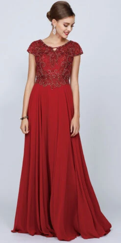 Juliet 657 Cap Sleeves Beaded Bodice A-line Long Dress(Cap Sleeves Beaded Bodice A Line Long Formal Dress Burgundy)