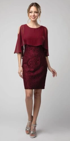 Juno 1007 Lace Short Dress With Cold-Shoulder Poncho(Lace Short Dress Burgundy With Cold Shoulder Poncho)