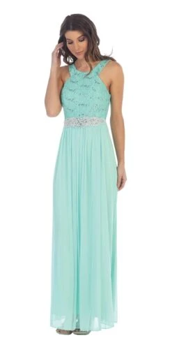 Juno 1013 Halter Long Formal Dress With Embellished Waist(Mint Halter Long Formal Dress With Embellished Waist)