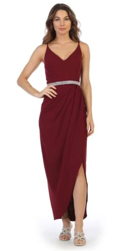Juno 1034 Spaghetti Strap Belted Faux-Wrap Style Long Dress(Silver Belted Faux Wrap Style Long Formal Dress) -Dress Promotion Store 1034 juno burgundy