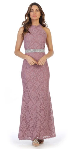 Juno 1039 Glitter Lace Halter Long Formal Dress(Glitter Lace Halter Long Formal Dress Mauve)