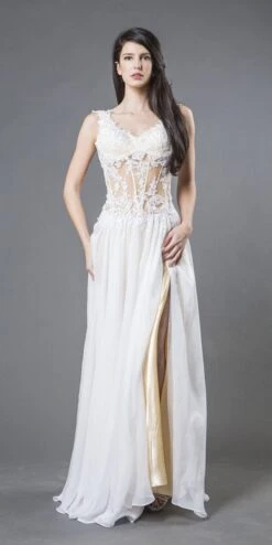 J&J Fashion 104 Appliqued Sheer Bodice Long Formal Dress(Appliqued Sheer Bodice Long Formal Dress Ivory Champagne)