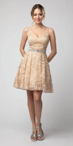 Juno 1047 Embroidered Homecoming Short Dress V-Neck(Embroidered Homecoming Short Dress Champagne V Neck)