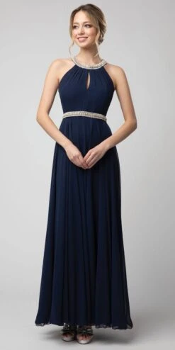 Juno 1054 Halter Long Dress With Keyhole Neckline(Navy Blue Halter Long Formal Dress With Keyhole Neckline)