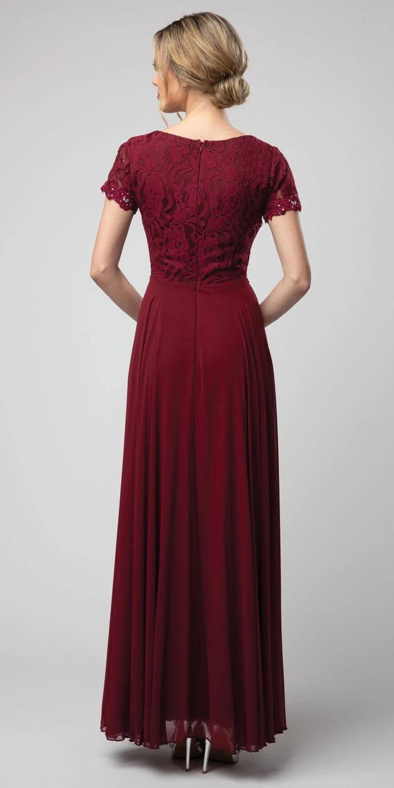 Juno 1056 Short Sleeved A-Line Long Chiffon Dress Lace Top(Navy Blue Short Sleeved A Line Long Formal Dress) 4 Juno 1056 Short Sleeved A-Line Long Chiffon Dress Lace Top(Navy Blue Short Sleeved A Line Long Formal Dress) - Image 2