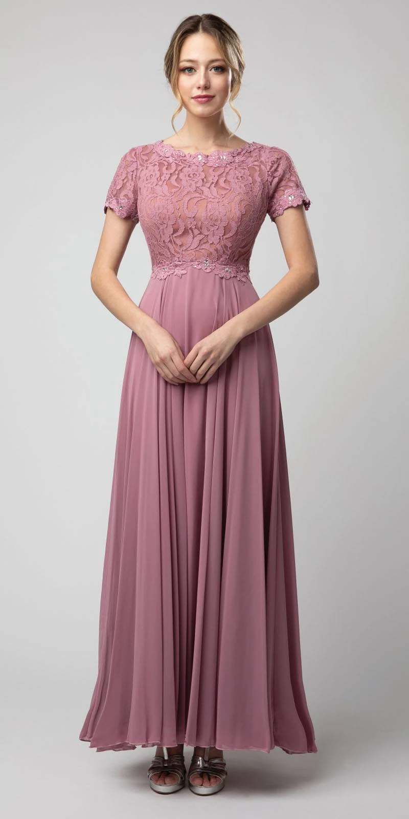 Juno 1056 Short Sleeved A-Line Long Chiffon Dress Lace Top(Navy Blue Short Sleeved A Line Long Formal Dress) 7 Juno 1056 Short Sleeved A-Line Long Chiffon Dress Lace Top(Navy Blue Short Sleeved A Line Long Formal Dress) - Image 5