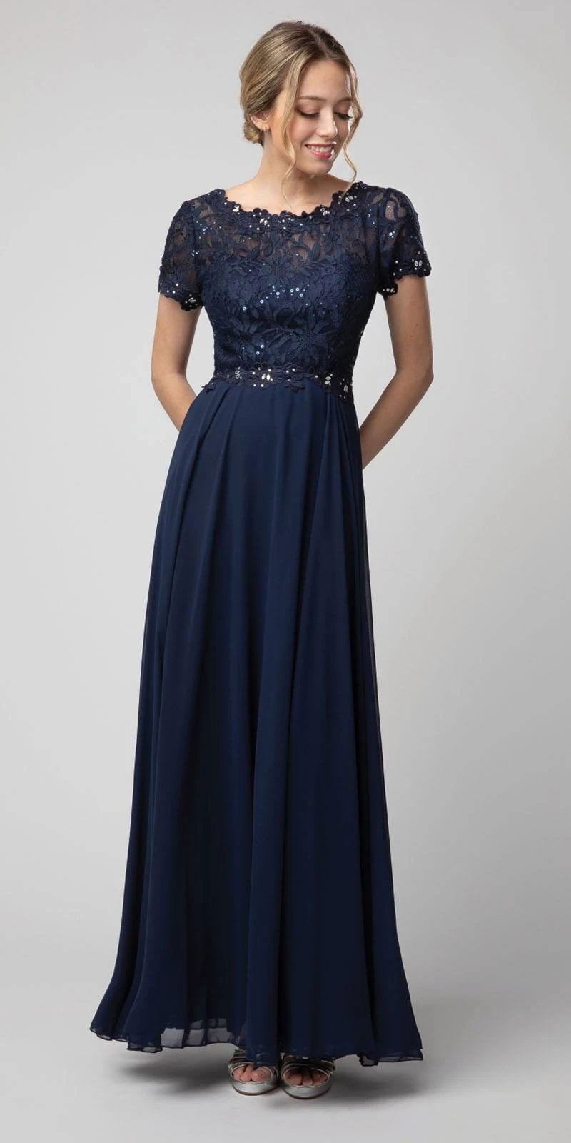 Juno 1056 Short Sleeved A-Line Long Chiffon Dress Lace Top(Navy Blue Short Sleeved A Line Long Formal Dress) 3 Juno 1056 Short Sleeved A-Line Long Chiffon Dress Lace Top(Navy Blue Short Sleeved A Line Long Formal Dress)