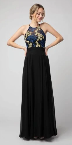 Juno 1084 Halter Embroidered Long Formal Dress(Black Royal Blue Halter Embroidered Long Formal Dress)