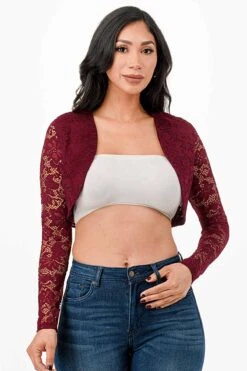 La Scala 11631 Lace Long Sleeve Cropped Jacket(La Scala 11631 Lace Long Sleeve Cropped Jacket) -Dress Promotion Store 11631 la scala burgundy