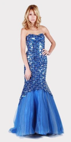 J&J Fashion 1307 Sequins Mermaid Prom Gown Strapless(Royal Blue Sequins Mermaid Prom Gown Strapless)