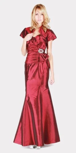 J&J Fashion 1350 Strapless Long Formal Dress With Bolero(Strapless Long Formal Dress Burgundy With Bolero)