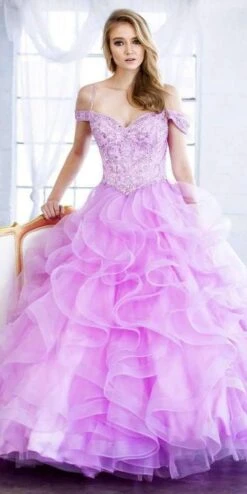 Juliet 1421 Cinderella Ball Gown Ruffled Tulle Cold Shoulder Embroidered Bodice(Lilac Cinderella Ball Gown Ruffled Tulle Cold Shoulder Embroidered Bodice) -Dress Promotion Store 1421 juliet lilac gallery cropped