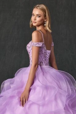Juliet 1421 Cinderella Ball Gown Ruffled Tulle Cold Shoulder Embroidered Bodice(Lilac Cinderella Ball Gown Ruffled Tulle Cold Shoulder Embroidered Bodice) -Dress Promotion Store 1421 lilac back