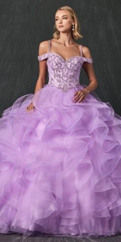 Juliet 1421 Cinderella Ball Gown Ruffled Tulle Cold Shoulder Embroidered Bodice(Lilac Cinderella Ball Gown Ruffled Tulle Cold Shoulder Embroidered Bodice) -Dress Promotion Store 1421 Lilac Front 2
