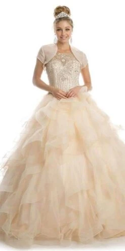Juliet 1423 A-Line Princess Ball Gown Ruffled Tiered Tulle With Jacket(Champagne Princess Ball Gown Ruffled Tiered Tulle With Jacket) -Dress Promotion Store 1423 juliet champagne jacket cropped
