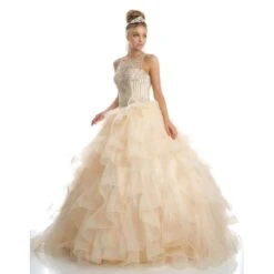 Juliet 1423 A-Line Princess Ball Gown Ruffled Tiered Tulle With Jacket(Champagne Princess Ball Gown Ruffled Tiered Tulle With Jacket) -Dress Promotion Store 1423 juliet champagne no jacket