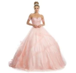 Juliet 1424 Quinceanera Ball Gown Tulle Skirt Arm Bands Beaded Bodice(Blush Quinceanera Ball Gown Tulle Skirt With Arm Bands Beaded Bodice) -Dress Promotion Store 1424 juliet blush arm bands