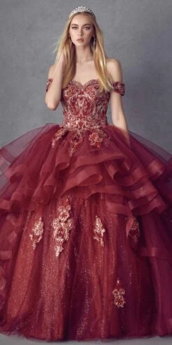 Juliet 1432 Dress Quinceanera Ball Gown Metallic Embroidery Glitter Tulle(Juliet 1432 Dress Quinceanera Ball Gown Metallic Embroidery Glitter Tulle) -Dress Promotion Store 1432 Burgundy Front