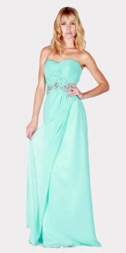 J&J Fashion 1438 Strapless Long Formal Dress Embellished Waist(Strapless Long Formal Dress Embellished Waist Aqua)
