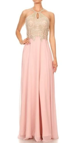 J&J Fashion 1501 Halter Keyhole Neck Long Prom Dress(Halter Keyhole Neck Long Prom Dress Dusty Rose)