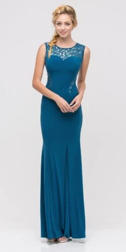 Eureka 2063 Jersey Sheer Cut-Out Round Neck Sleeveless Dress(Teal Jersey Sheer Cut Out Round Neck Sleeveless Prom Dress)