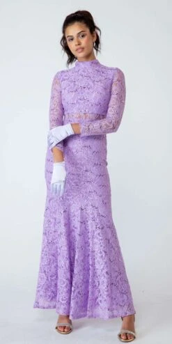 Eureka 2095 Long Sleeve Lace Dress Mock 2-Piece High Neck(Long Sleeve Lace Full Length Dress Burgundy Mock 2 Piece High Neck) -Dress Promotion Store 2095Lilac 2