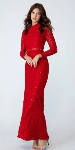 Eureka 2095 Long Sleeve Lace Dress Mock 2-Piece High Neck(Long Sleeve Lace Full Length Dress Burgundy Mock 2 Piece High Neck) -Dress Promotion Store 2095Red 2