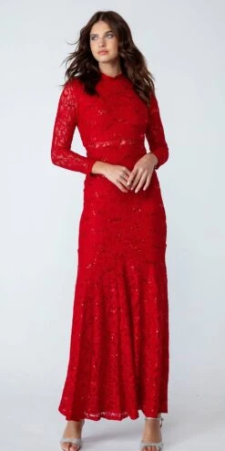 Eureka 2095 Long Sleeve Lace Dress Mock 2-Piece High Neck(Long Sleeve Lace Full Length Dress Burgundy Mock 2 Piece High Neck) -Dress Promotion Store 2095Red 3