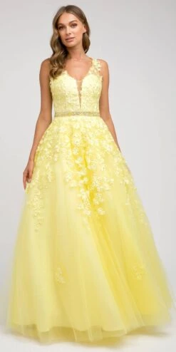 Juliet 224 V-Neck And Back Embroidered Tulle A-Line Ball Gown(V Neck And Back Embroidered Prom Ball Gown Yellow)