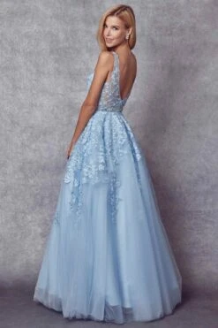 Juliet 224 V-Neck And Back Embroidered Tulle A-Line Ball Gown(V Neck And Back Embroidered Prom Ball Gown Yellow) -Dress Promotion Store 224 IceBlue Back