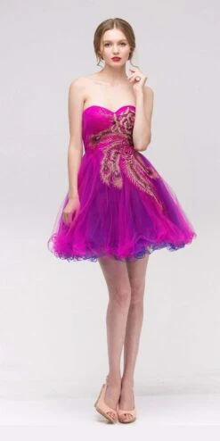 Eureka 2268 Embellished Bodice Strapless Dress Tulle Short(Fuchsia Embellished Bodice Strapless Homecoming Dress Tulle Short)