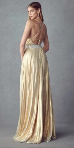 Juliet 226 Metallic Pleated Long Dress A-Line Lace-Up Back(Metallic Pleated Long Formal Gold Dress A Line Lace Up Back) 19 Juliet 226 Metallic Pleated Long Dress A-Line Lace-Up Back(Metallic Pleated Long Formal Gold Dress A Line Lace Up Back) -Dress Promotion Store 226 Gold Back