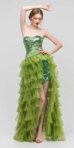 CLEARANCE - Eureka 2333 Long Ruffled Skirt Strapless Green Prom Dress (Size L)(Clearance Eureka 2333 Long Ruffled Skirt Strapless Green Prom Dress Size L)