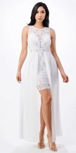 La Scala 23984 High Low Overlay Lace Dress(High Low Overlay Lace Dress By La Scala 23984) -Dress Promotion Store 23984 off white