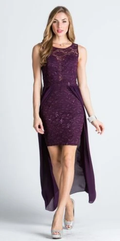 La Scala 23984 High Low Overlay Lace Dress(High Low Overlay Lace Dress By La Scala 23984) -Dress Promotion Store 23984 plum