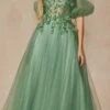 Juliet 2401 Floor Length A-Line Tulle Gown With Detachable Puff Sleeves(Juliet 2401 Floor Length A Line Tulle Gown With Detachable Puff Sleeves) -Dress Promotion Store 2401 SEAGREEN FRONT