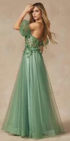 Juliet 2401 Floor Length A-Line Tulle Gown With Detachable Puff Sleeves(Juliet 2401 Floor Length A Line Tulle Gown With Detachable Puff Sleeves) -Dress Promotion Store 2401 SEAGREEN OTHER