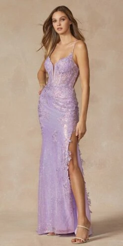 Juliet 2405 Machine Sequin Lace Embellishments High Slit Prom Gown(Juliet 2405 Machine Sequin Lace Embellishments High Slit Prom Gown) -Dress Promotion Store 2405 LILAC SIDE