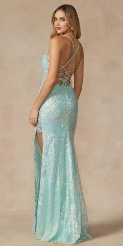 Juliet 2405 Machine Sequin Lace Embellishments High Slit Prom Gown(Juliet 2405 Machine Sequin Lace Embellishments High Slit Prom Gown) -Dress Promotion Store 2405 MINT BACK