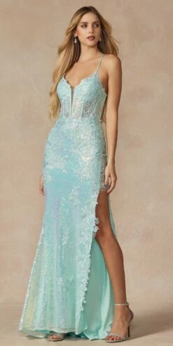 Juliet 2405 Machine Sequin Lace Embellishments High Slit Prom Gown(Juliet 2405 Machine Sequin Lace Embellishments High Slit Prom Gown) -Dress Promotion Store 2405 MINT FRONT