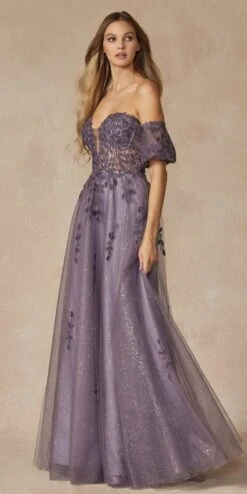Juliet 2409 Floor Length A-Line Leaf Embroidered Gown Detachable Sleeves(Juliet 2409 Floor Length A Line Leaf Embroidered Gown Detachable Sleeves) -Dress Promotion Store 2409 GREYPURPLE SIDE