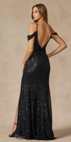 Juliet 2410 Long Off The Shoulder Sequin Gown With Skirt Slit(Juliet 2410 Long Off The Shoulder Sequin Gown With Skirt Slit) -Dress Promotion Store 2410 BLACK DETAIL 2