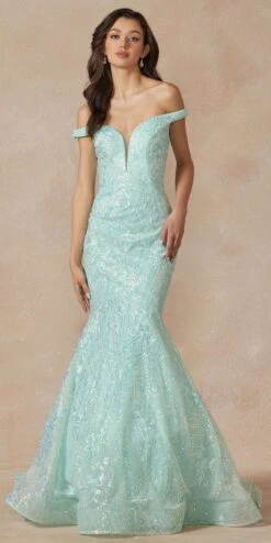 Juliet 2412 Mermaid Gown Plunging Deep V Illusion Neckline Off The Shoulder(Juliet 2412 Mermaid Gown Plunging Deep V Illusion Neckline Off The Shoulder) -Dress Promotion Store 2412 mint