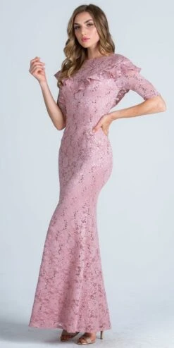 La Scala 24483 Illusion Ruffled Neckline Long Formal Dress Short Sleeves(La Scala 24483 Illusion Ruffled Neckline Long Formal Dress Short Sleeves) -Dress Promotion Store 24483 la scala blush side 1f744174 84f9 40bd 963c 418c68e5616e