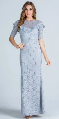 La Scala 24483 Illusion Ruffled Neckline Long Formal Dress Short Sleeves(La Scala 24483 Illusion Ruffled Neckline Long Formal Dress Short Sleeves)