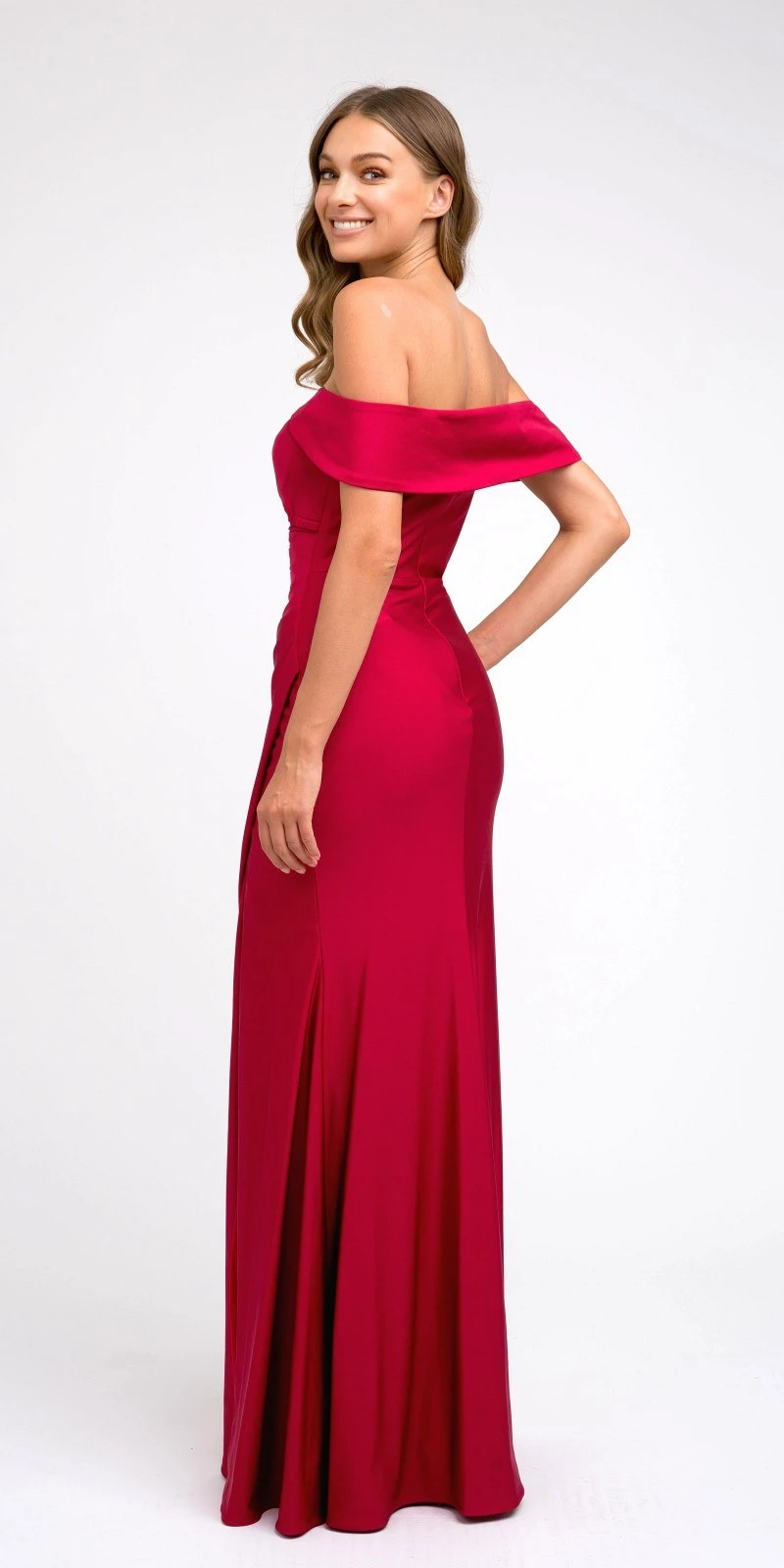 Juliet 245 Off-Shoulder Fit And Flare Long Formal Dress(Off Shoulder Fit And Flare Long Prom Dress Burgundy With Slit) 4 Juliet 245 Off-Shoulder Fit And Flare Long Formal Dress(Off Shoulder Fit And Flare Long Prom Dress Burgundy With Slit) - Image 2