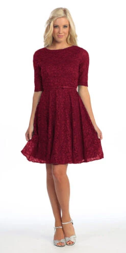 CLEARANCE - Celavie 2367 Burgundy Short Lace Dress Mid Sleeves (Size S)(Clearance Celavie 2367 Burgundy Short Lace Dress Mid Sleeves Size S)